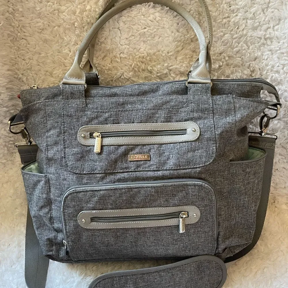JJ Cole light gray fabric Caprice diaper bag aqua blue lining .